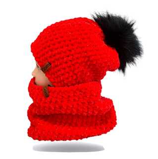 Háčkovaný kulich s maxi bambulí a nákrčník 